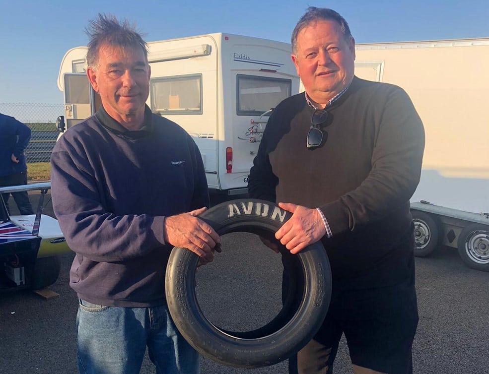 Colin is awarded a BMTR Avon tyre at the Classic Clubmans Championship.